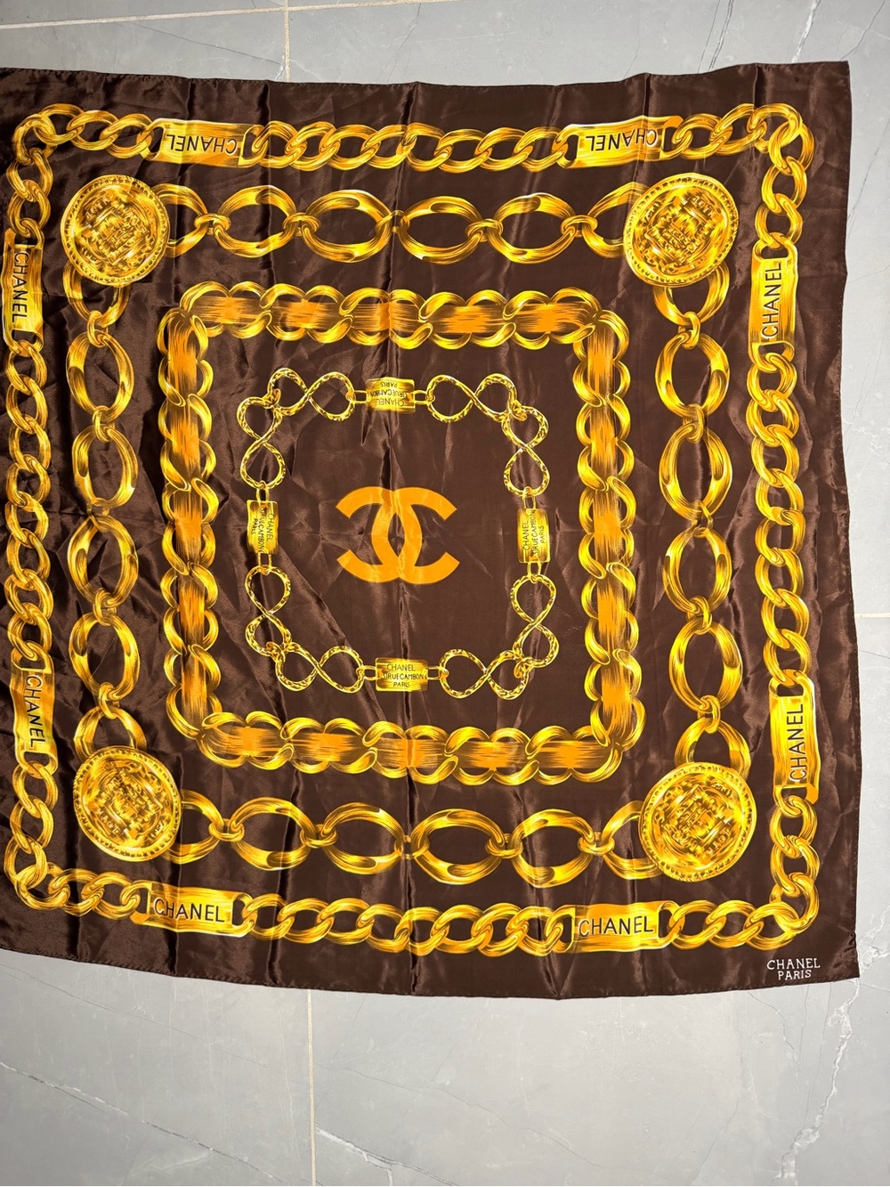 CHANEL Brown & Gold Chain Motif Silk Scarf